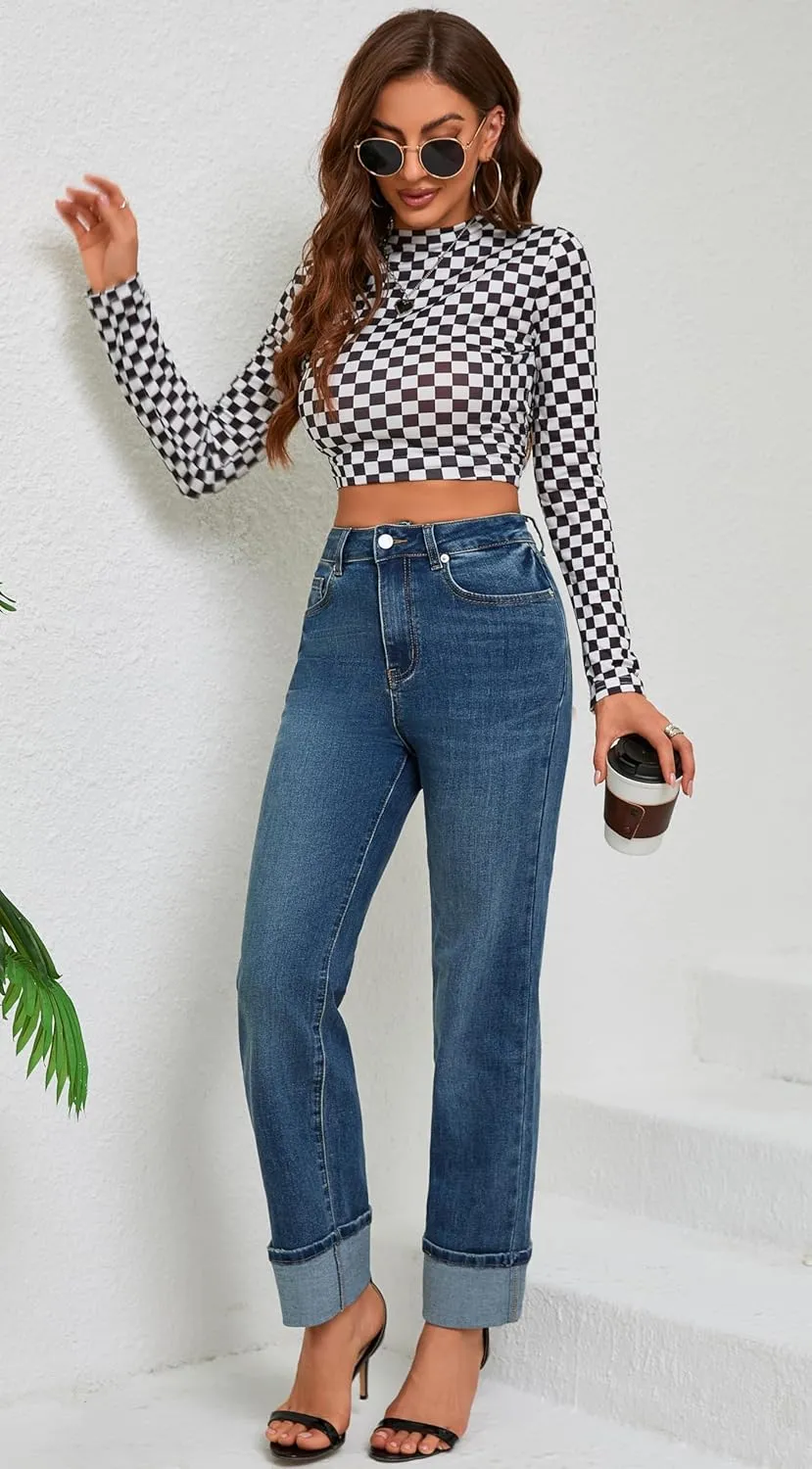 Womens Jeans High Waisted Stretchy Straight Leg Jeans for Women Tummy Control Trendy Cute Ankle Fold Hem Jeans Pants