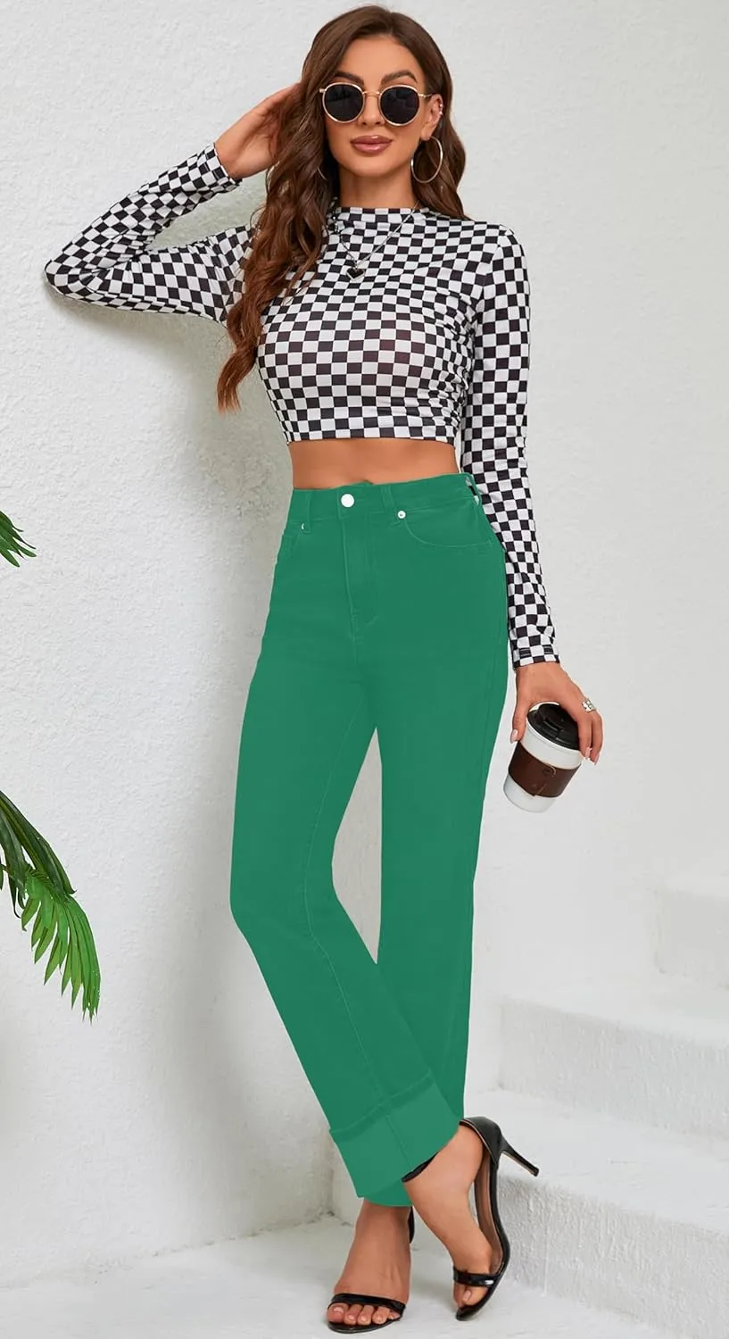 Womens Jeans High Waisted Stretchy Straight Leg Jeans for Women Tummy Control Trendy Cute Ankle Fold Hem Jeans Pants