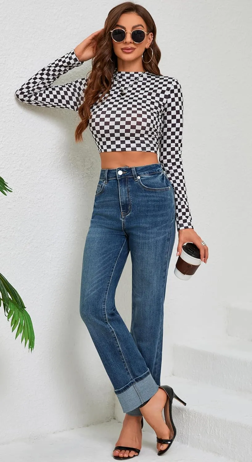 Womens Jeans High Waisted Stretchy Straight Leg Jeans for Women Tummy Control Trendy Cute Ankle Fold Hem Jeans Pants