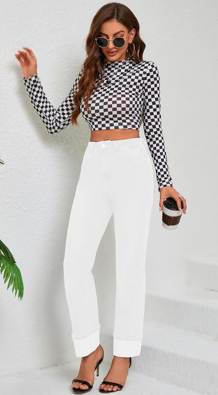 Womens Jeans High Waisted Stretchy Straight Leg Jeans for Women Tummy Control Trendy Cute Ankle Fold Hem Jeans Pants
