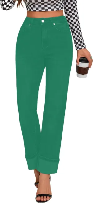 Womens Jeans High Waisted Stretchy Straight Leg Jeans for Women Tummy Control Trendy Cute Ankle Fold Hem Jeans Pants