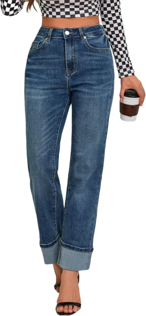 Womens Jeans High Waisted Stretchy Straight Leg Jeans for Women Tummy Control Trendy Cute Ankle Fold Hem Jeans Pants