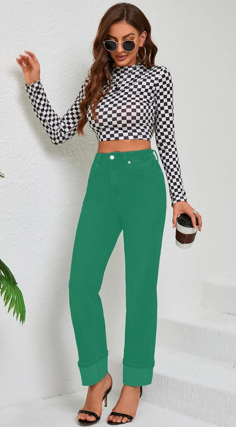 Womens Jeans High Waisted Stretchy Straight Leg Jeans for Women Tummy Control Trendy Cute Ankle Fold Hem Jeans Pants