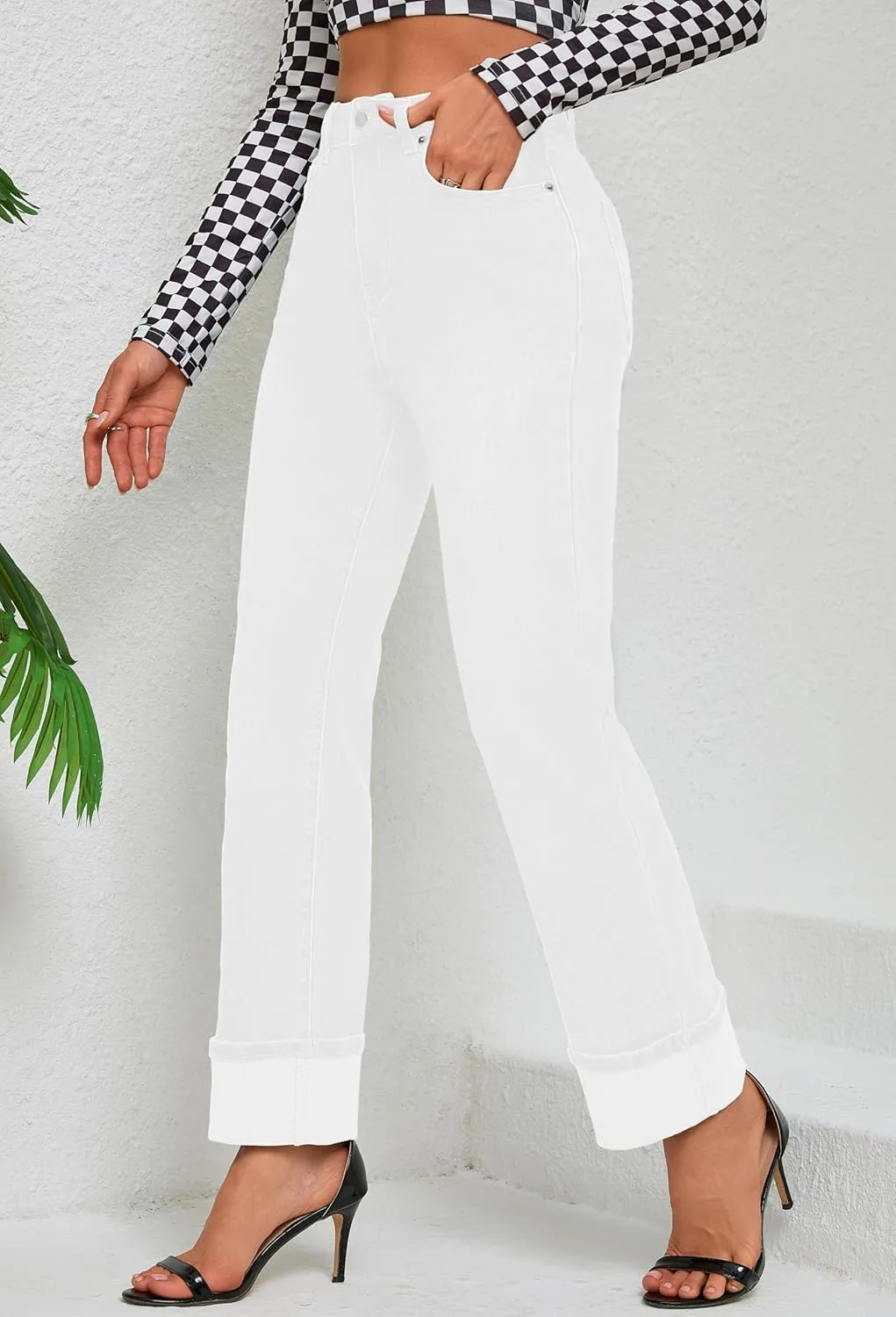 Womens Jeans High Waisted Stretchy Straight Leg Jeans for Women Tummy Control Trendy Cute Ankle Fold Hem Jeans Pants