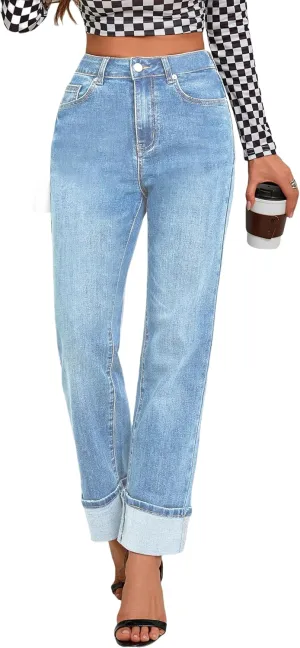 Womens Jeans High Waisted Stretchy Straight Leg Jeans for Women Tummy Control Trendy Cute Ankle Fold Hem Jeans Pants