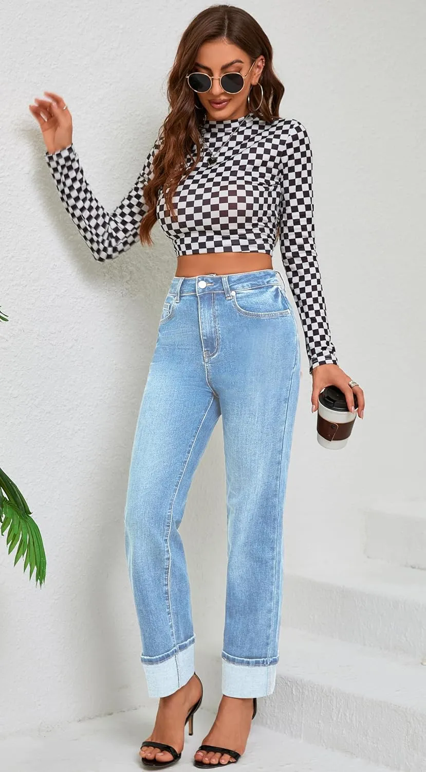 Womens Jeans High Waisted Stretchy Straight Leg Jeans for Women Tummy Control Trendy Cute Ankle Fold Hem Jeans Pants