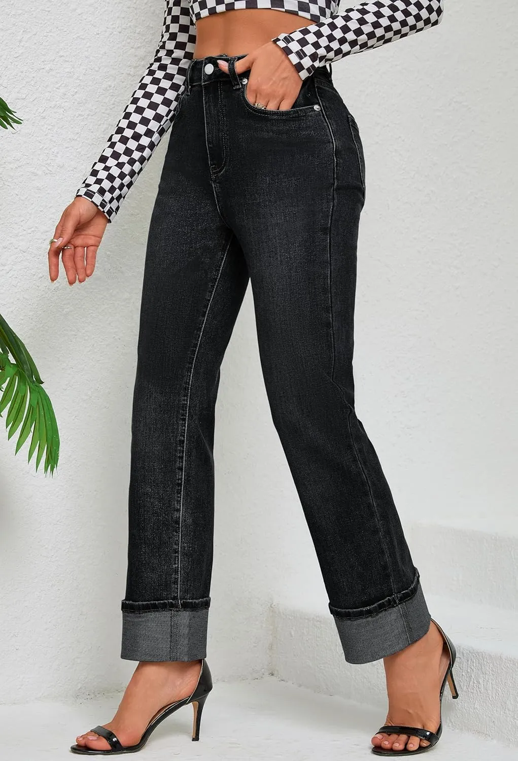 Womens Jeans High Waisted Stretchy Straight Leg Jeans for Women Tummy Control Trendy Cute Ankle Fold Hem Jeans Pants
