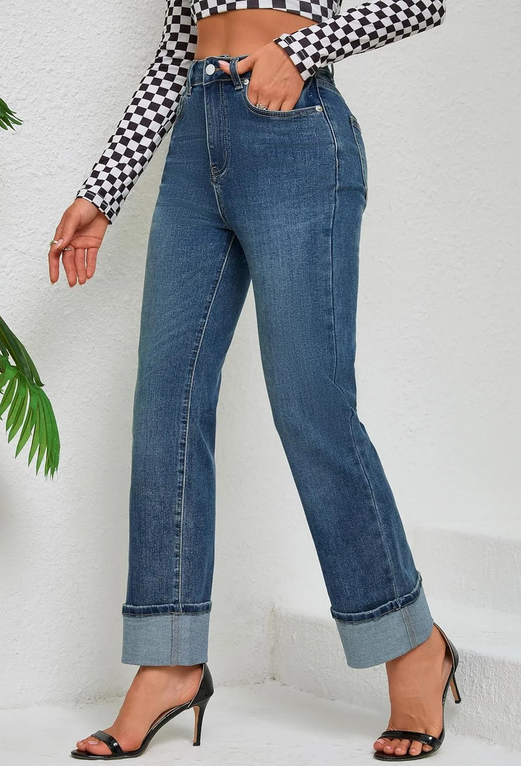 Womens Jeans High Waisted Stretchy Straight Leg Jeans for Women Tummy Control Trendy Cute Ankle Fold Hem Jeans Pants