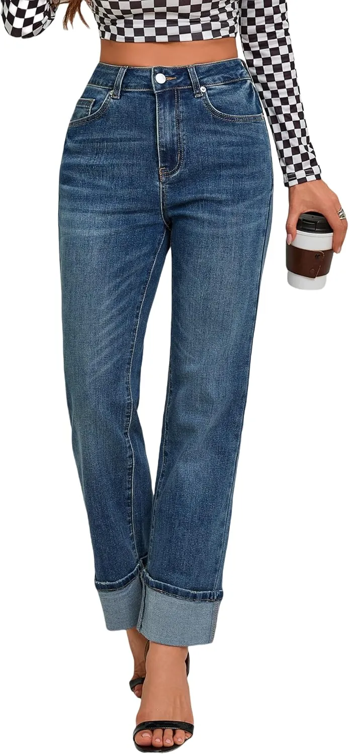 Womens Jeans High Waisted Stretchy Straight Leg Jeans for Women Tummy Control Trendy Cute Ankle Fold Hem Jeans Pants