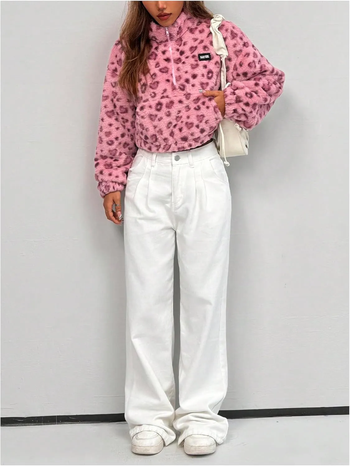 Women's Leopard Half Zip Fuzzy Crop Sweatshirt Long Sleeve Teddy Pullovers Tops with Pocket