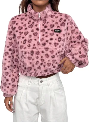 Women's Leopard Half Zip Fuzzy Crop Sweatshirt Long Sleeve Teddy Pullovers Tops with Pocket