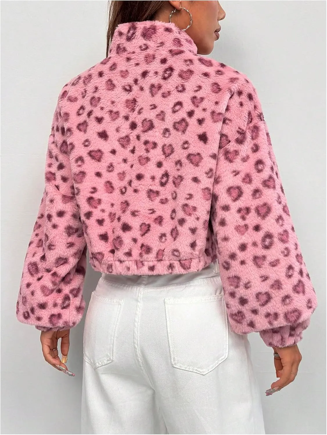 Women's Leopard Half Zip Fuzzy Crop Sweatshirt Long Sleeve Teddy Pullovers Tops with Pocket