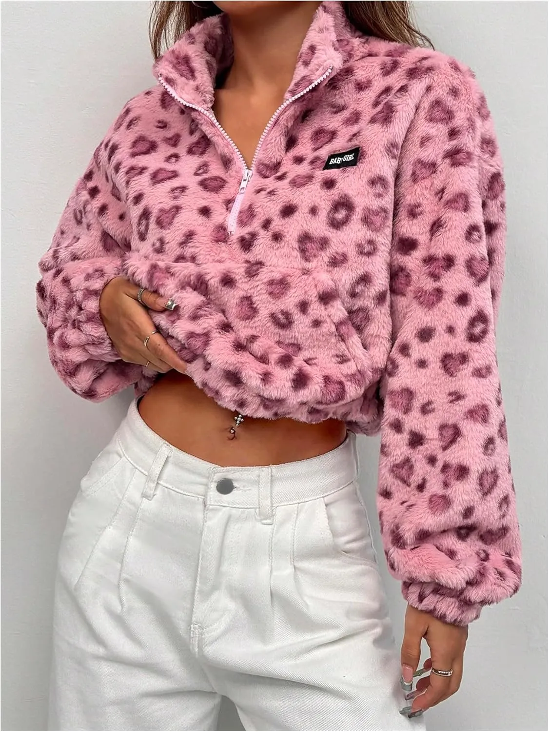 Women's Leopard Half Zip Fuzzy Crop Sweatshirt Long Sleeve Teddy Pullovers Tops with Pocket