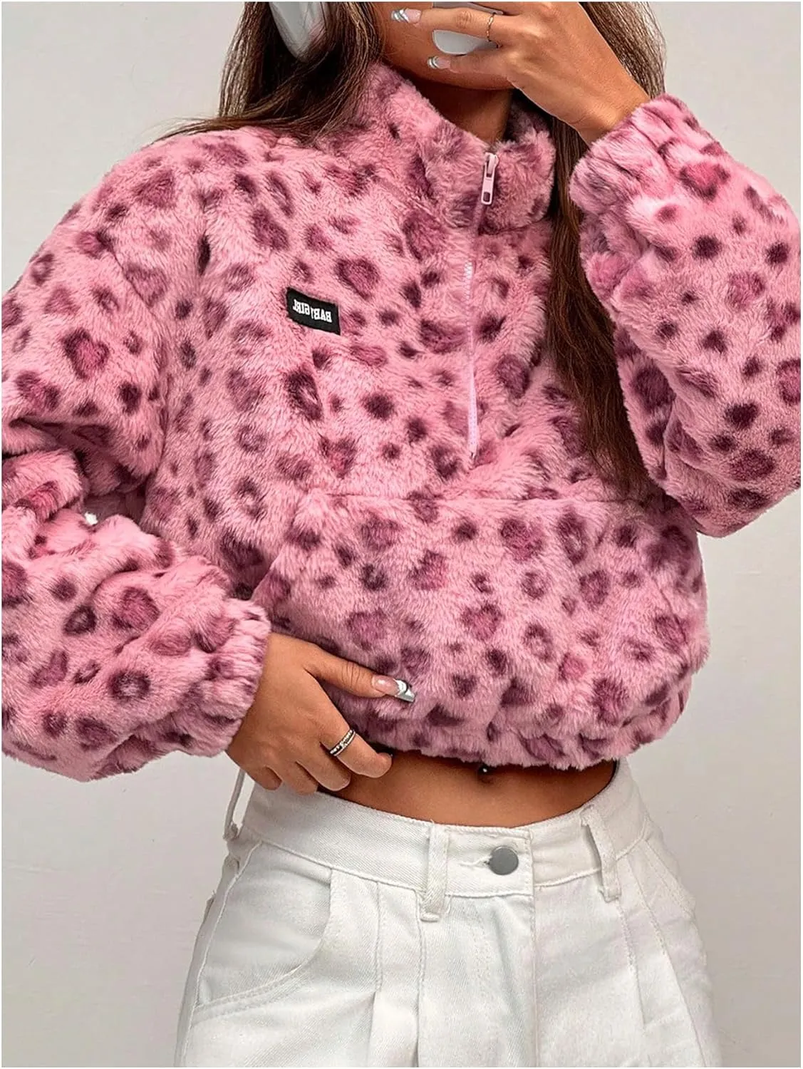 Women's Leopard Half Zip Fuzzy Crop Sweatshirt Long Sleeve Teddy Pullovers Tops with Pocket