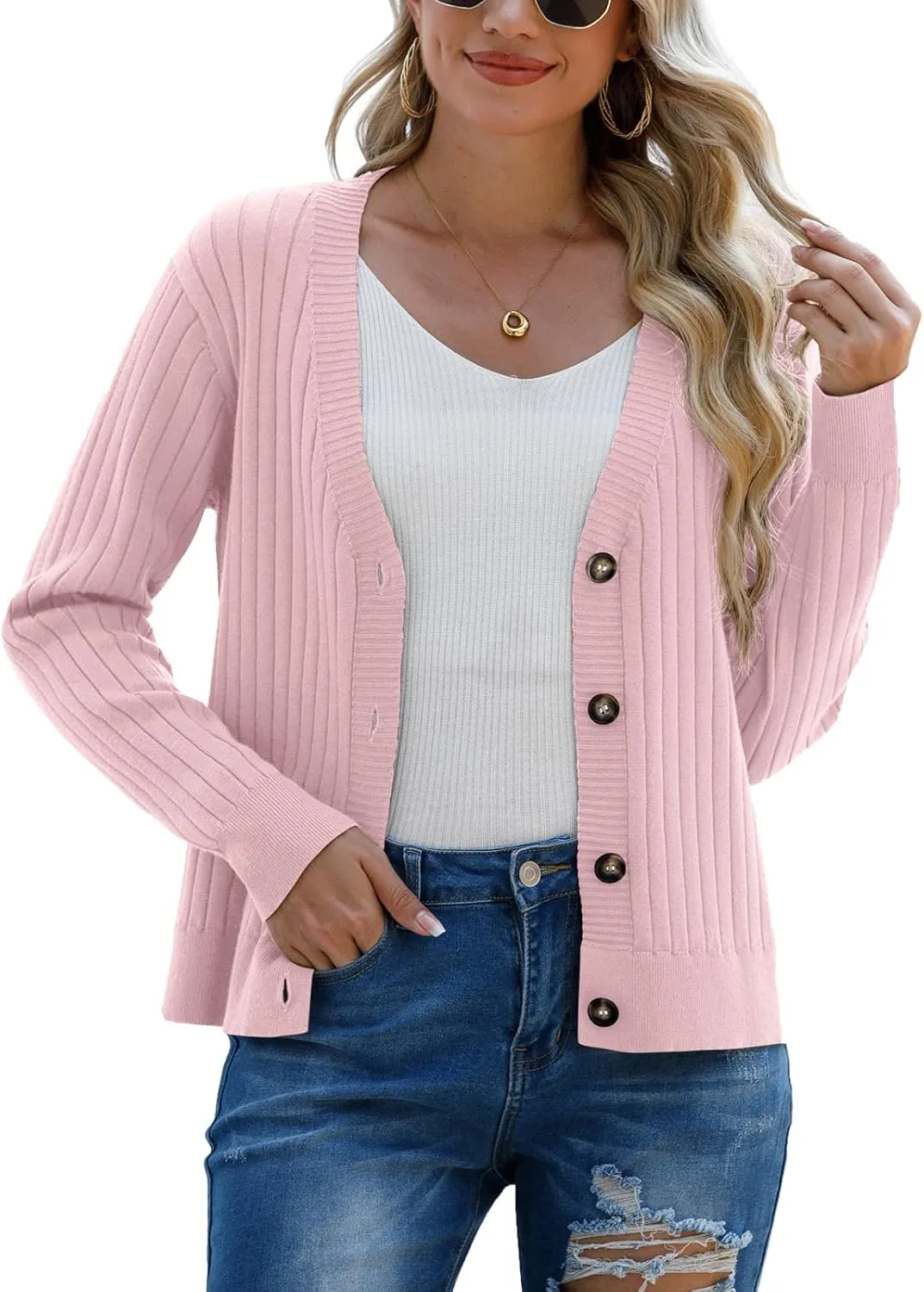 Women's Long Sleeve Cardigan Sweaters Casual V Neck Soft Knit Jacket Button Down Cardigan for Women Winter Fall