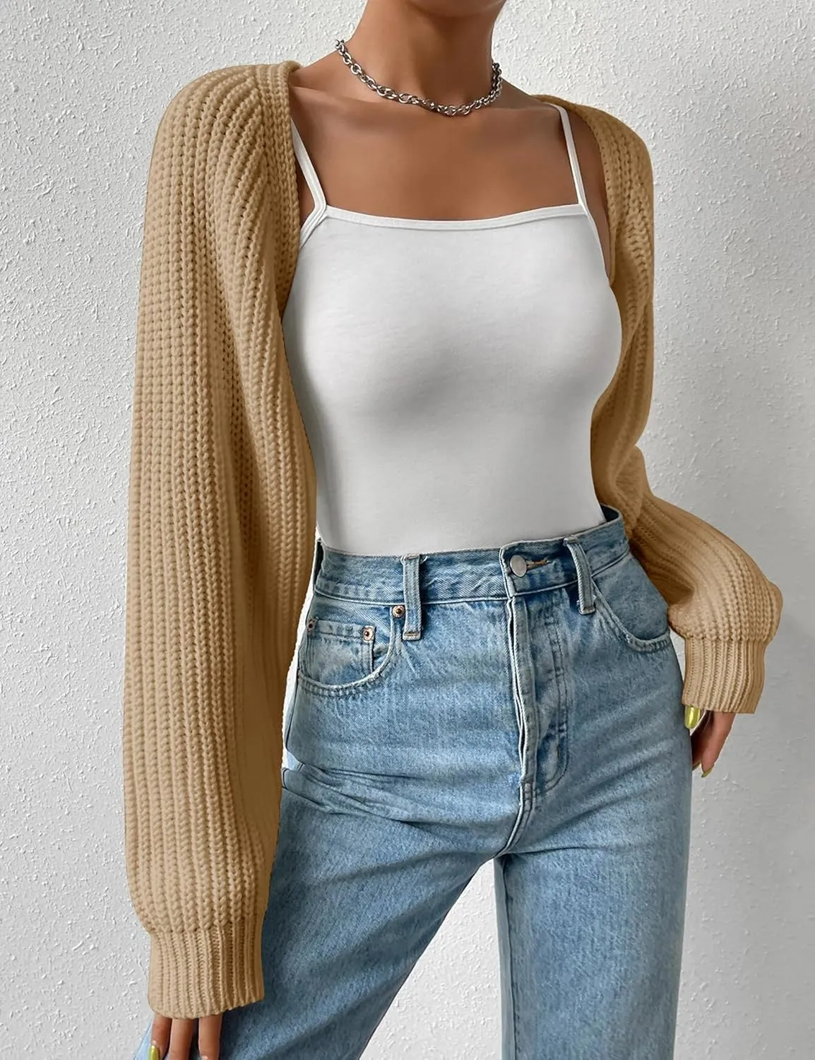 Women's Long Sleeve Open Front Knitted Crop Cardigan Drop Shoulder Knit Bolero Shrug Sweater