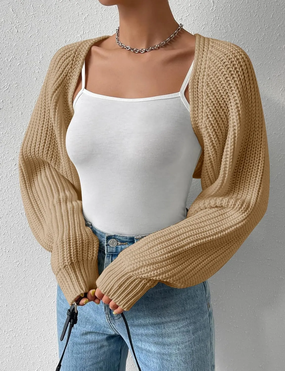 Women's Long Sleeve Open Front Knitted Crop Cardigan Drop Shoulder Knit Bolero Shrug Sweater