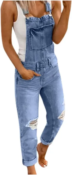 Womens Overalls Denim Stretch Straight Leg Jeans Denim Jumpsuits Ripped Distressed Skinny Jeans Bib Overalls Rompers