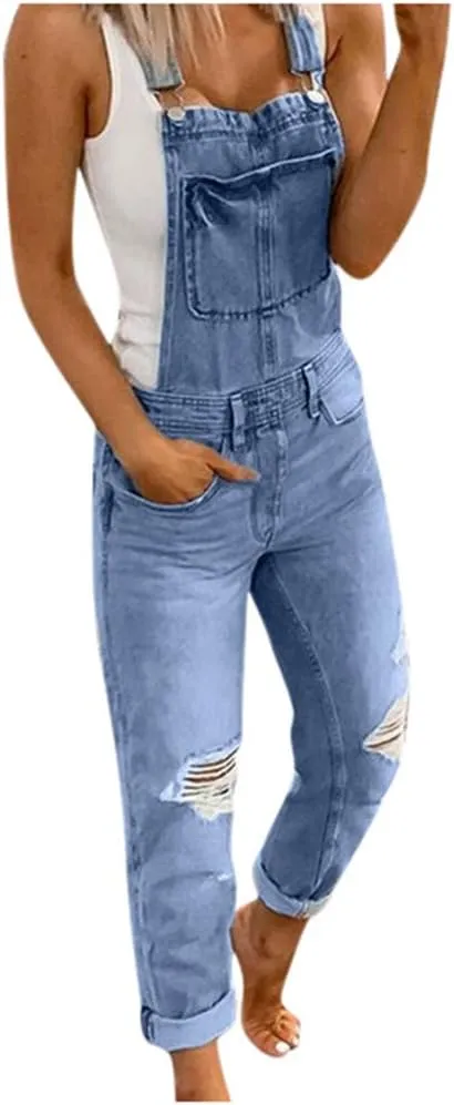 Womens Overalls Denim Stretch Straight Leg Jeans Denim Jumpsuits Ripped Distressed Skinny Jeans Bib Overalls Rompers