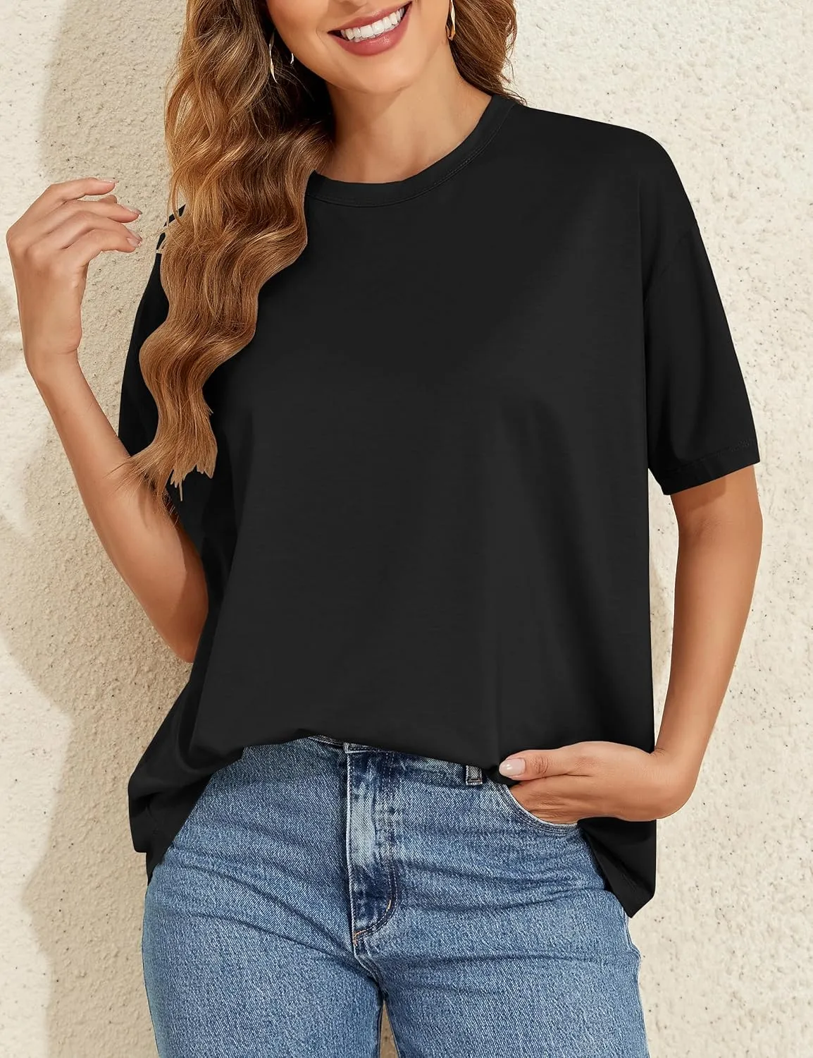 Womens Oversized Short Sleeve Crew Neck T Shirts Loose Fit Basic Tee Shirts Casual Summer Tops Cotton Modal Blend