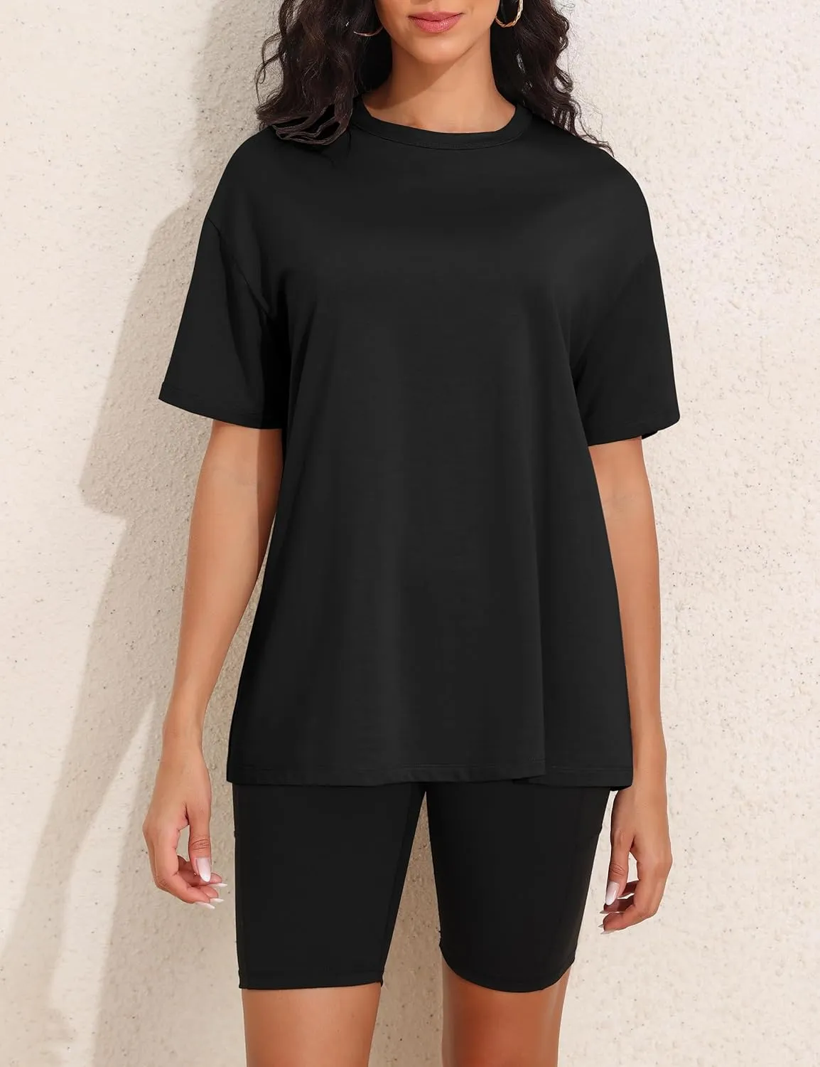 Womens Oversized Short Sleeve Crew Neck T Shirts Loose Fit Basic Tee Shirts Casual Summer Tops Cotton Modal Blend