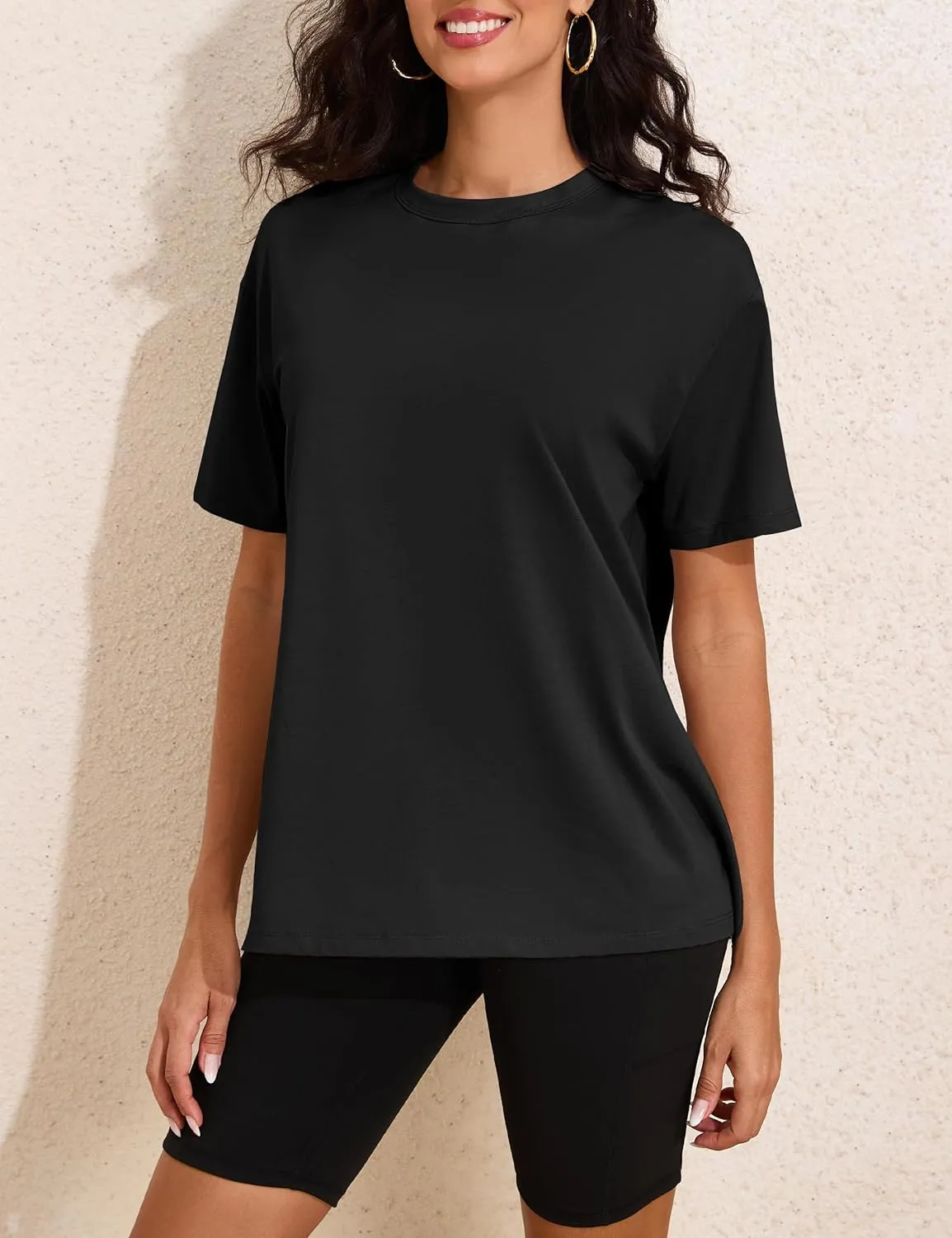 Womens Oversized Short Sleeve Crew Neck T Shirts Loose Fit Basic Tee Shirts Casual Summer Tops Cotton Modal Blend