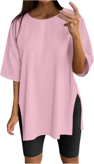 Women's Oversized T Shirts Short Sleeve Crew Neck Split Hem Summer Tops Casual Loose Basic Tee Shirts 2024 Trendy