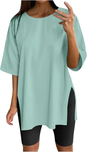 Women's Oversized T Shirts Short Sleeve Crew Neck Split Hem Summer Tops Casual Loose Basic Tee Shirts 2024 Trendy