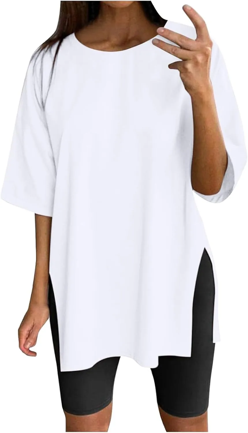 Women's Oversized T Shirts Short Sleeve Crew Neck Split Hem Summer Tops Casual Loose Basic Tee Shirts 2024 Trendy