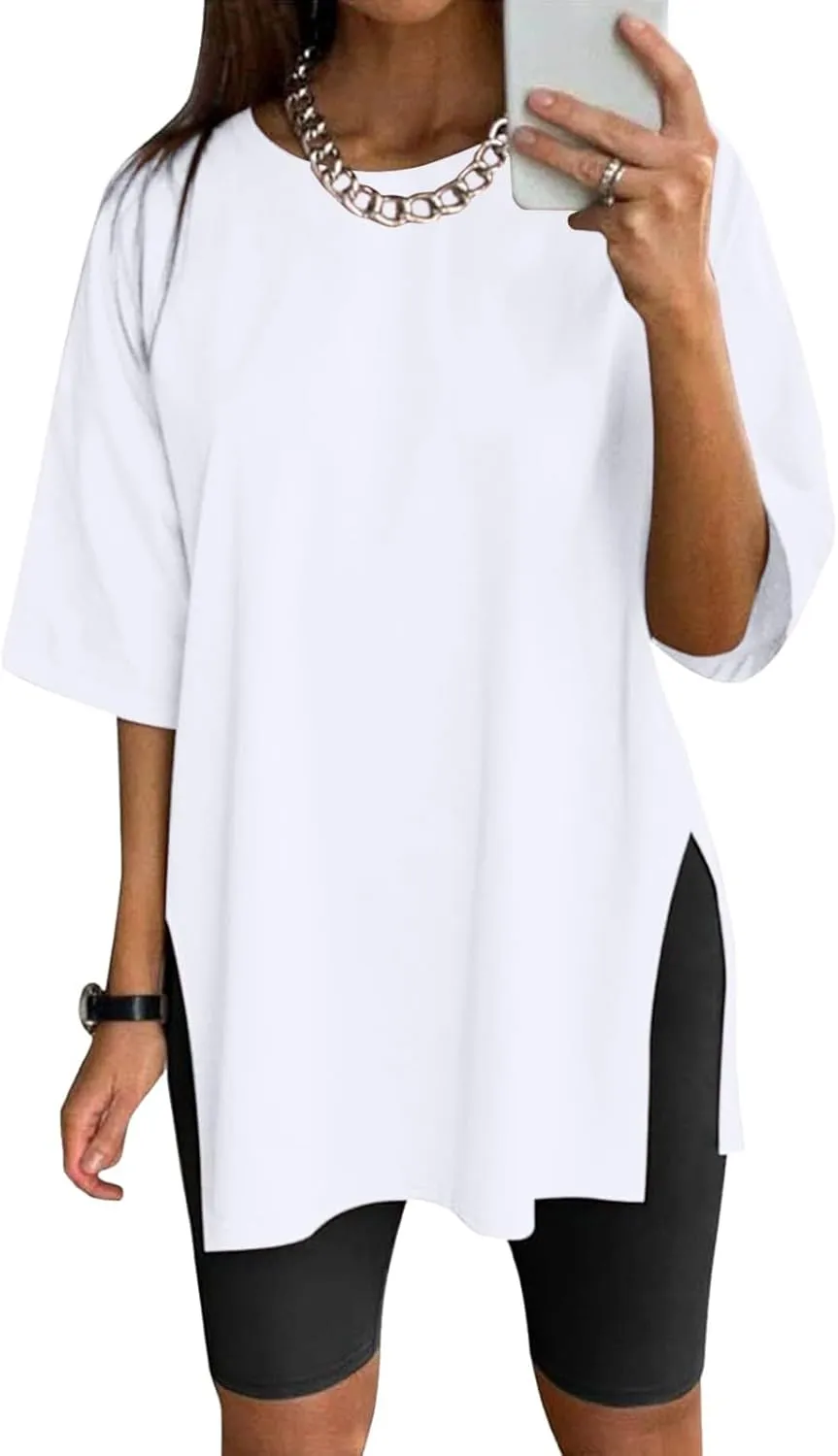 Women's Oversized T Shirts Short Sleeve Crew Neck Split Hem Summer Tops Casual Loose Basic Tee Shirts 2024 Trendy