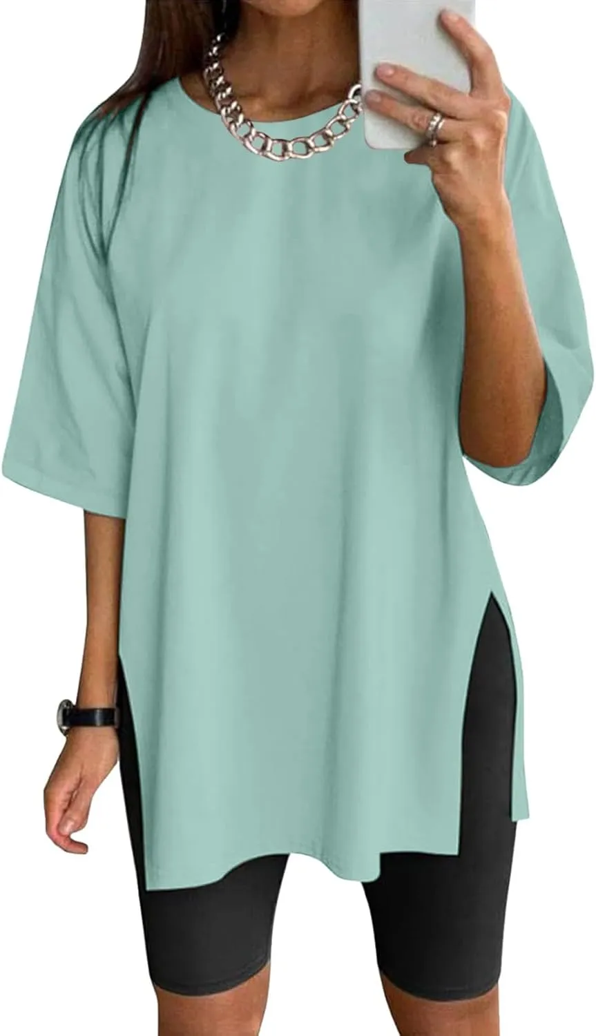 Women's Oversized T Shirts Short Sleeve Crew Neck Split Hem Summer Tops Casual Loose Basic Tee Shirts 2024 Trendy