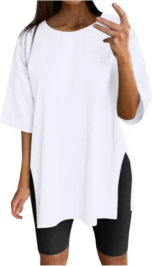 Women's Oversized T Shirts Short Sleeve Crew Neck Split Hem Summer Tops Casual Loose Basic Tee Shirts 2024 Trendy