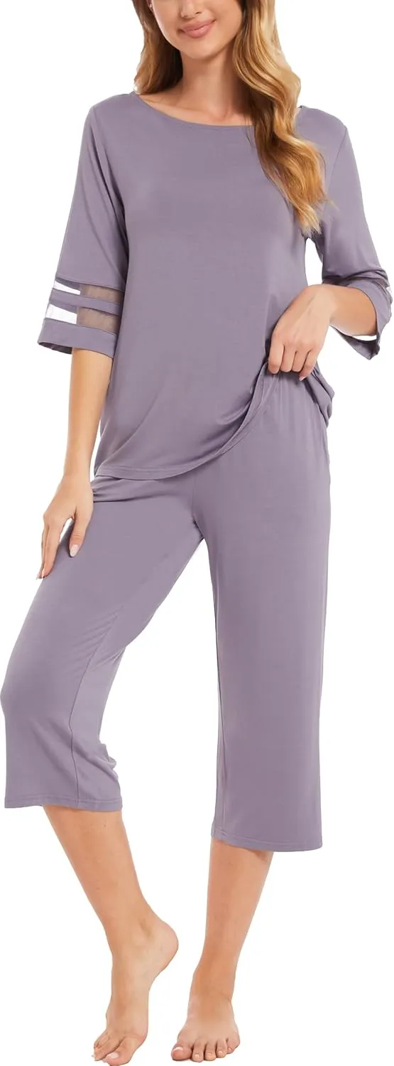 Womens Pajama Set - Viscose Made from Bamboo, 3/4 Sleeve Capri Pajama Set Soft 2 Piece Sleepwear Pjs Lounge Set