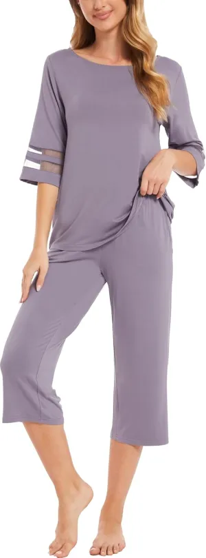 Womens Pajama Set - Viscose Made from Bamboo, 3/4 Sleeve Capri Pajama Set Soft 2 Piece Sleepwear Pjs Lounge Set