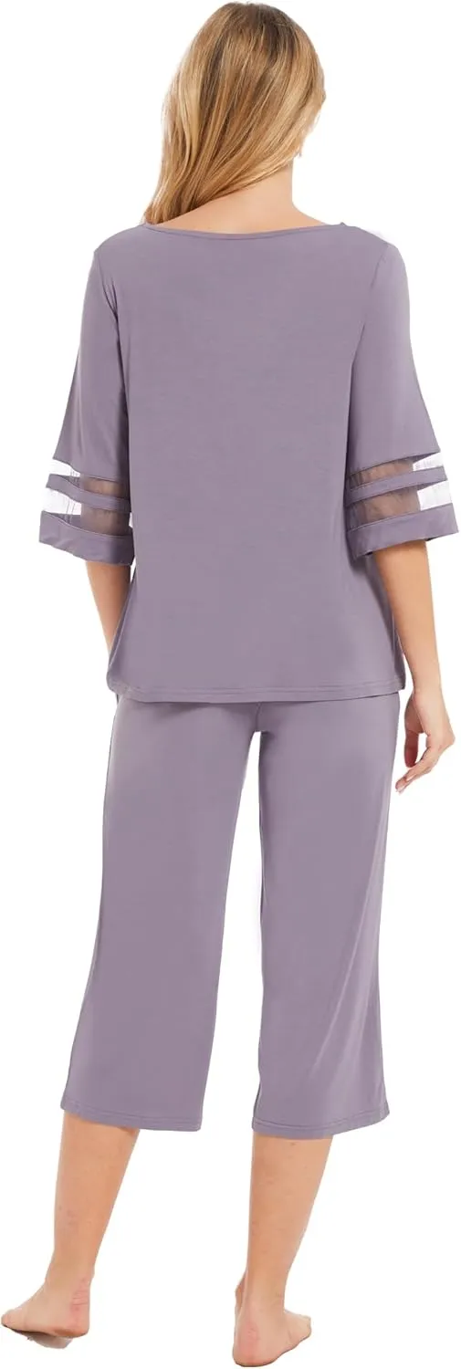 Womens Pajama Set - Viscose Made from Bamboo, 3/4 Sleeve Capri Pajama Set Soft 2 Piece Sleepwear Pjs Lounge Set