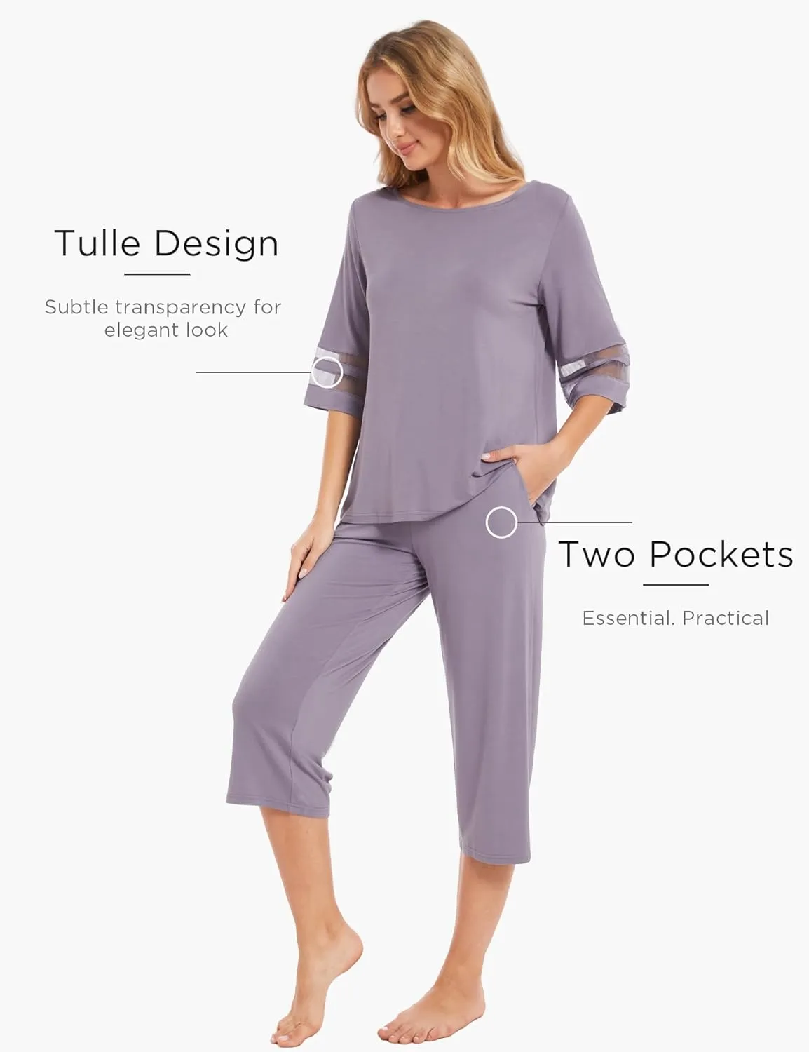 Womens Pajama Set - Viscose Made from Bamboo, 3/4 Sleeve Capri Pajama Set Soft 2 Piece Sleepwear Pjs Lounge Set