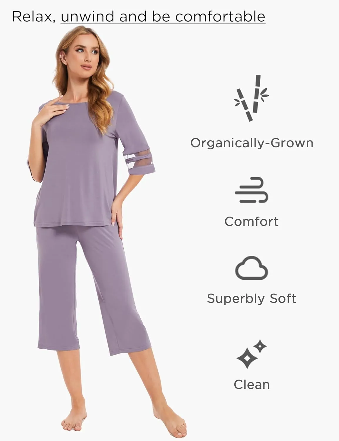 Womens Pajama Set - Viscose Made from Bamboo, 3/4 Sleeve Capri Pajama Set Soft 2 Piece Sleepwear Pjs Lounge Set
