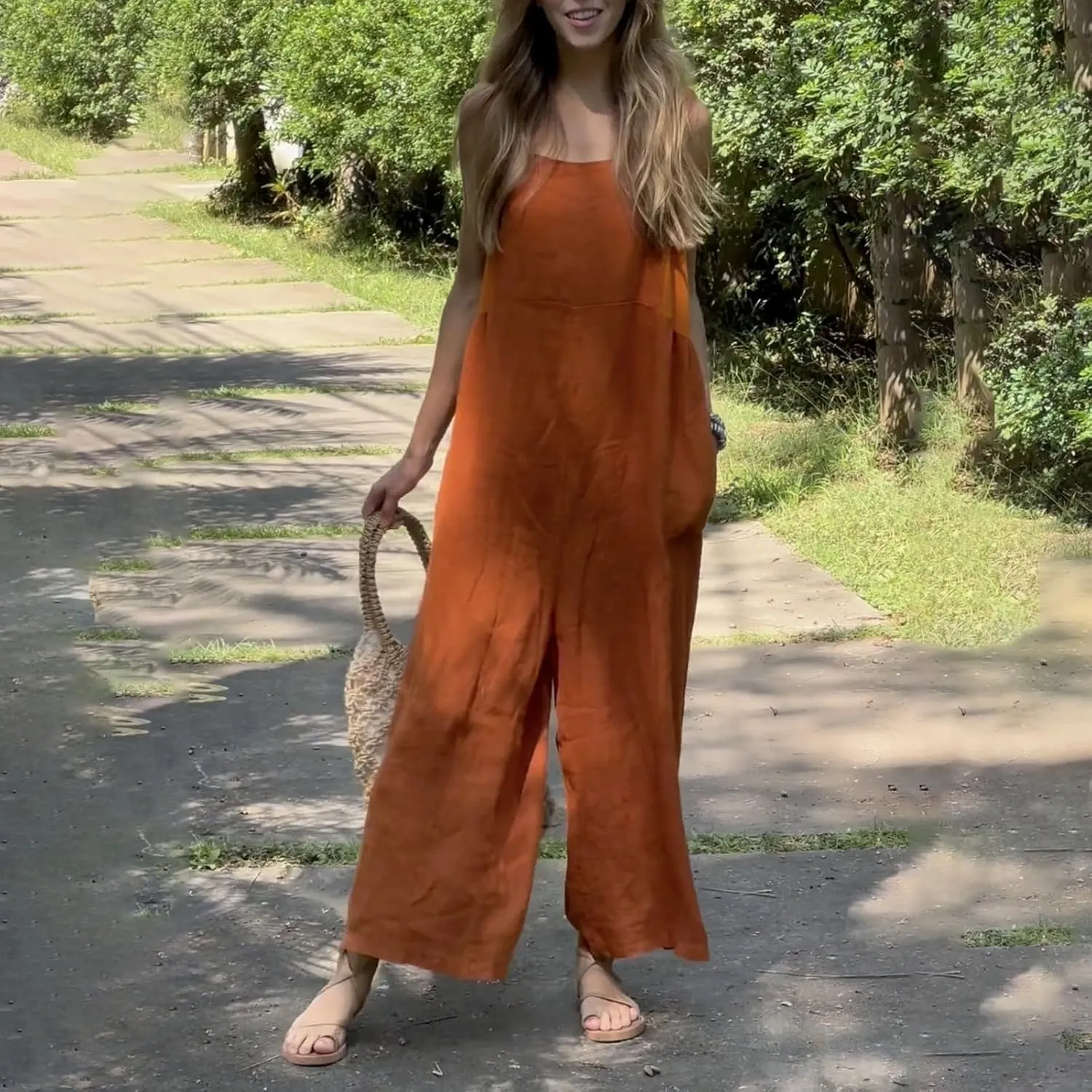 Women's Patchwork Dual Pocket Jumpsuit Loose Bohemian Wide Leg Bib Overall Elegant Relaxed Outfits