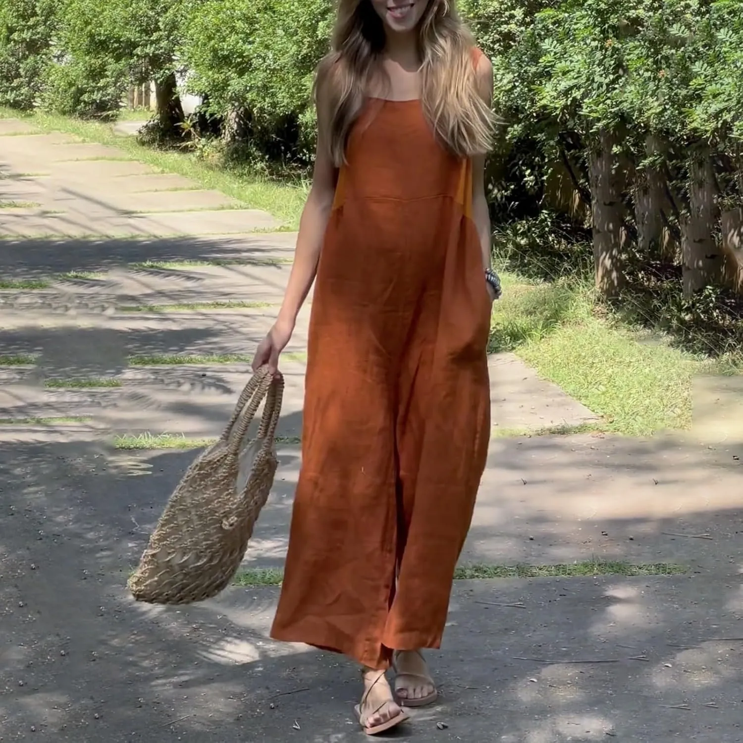 Women's Patchwork Dual Pocket Jumpsuit Loose Bohemian Wide Leg Bib Overall Elegant Relaxed Outfits
