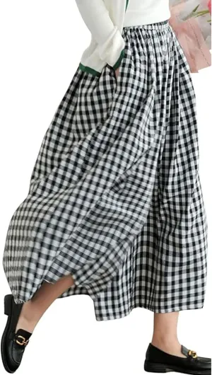 Women's Plaid Wide Leg Pants Casual Elastic Waist Loose Fit Flowy Cotton Linen Gingham Capri Palazzo Pants