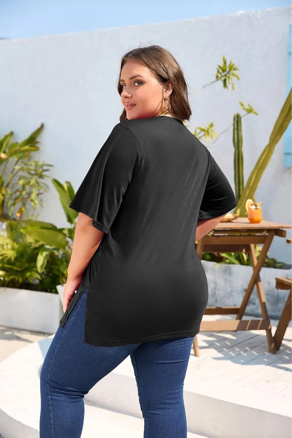 Women's Plus Size Crewneck Tops Half Sleeve Summer T-Shirt Loose Fit Blouse Casual Tunic with Side Split XL- 5XL