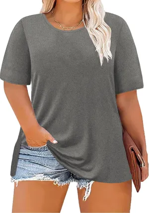 Women's Plus Size Crewneck Tops Half Sleeve Summer T-Shirt Loose Fit Blouse Casual Tunic with Side Split XL- 5XL