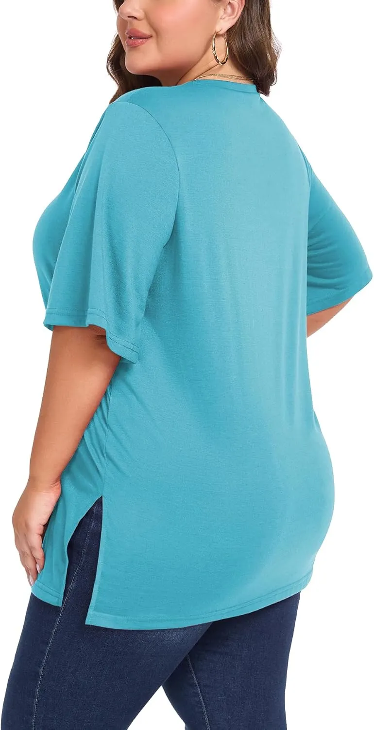 Women's Plus Size Crewneck Tops Half Sleeve Summer T-Shirt Loose Fit Blouse Casual Tunic with Side Split XL- 5XL