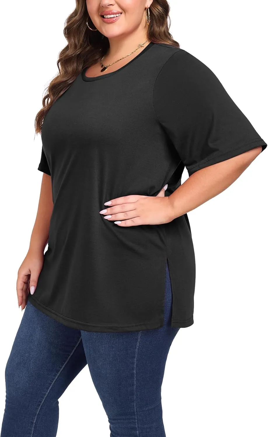 Women's Plus Size Crewneck Tops Half Sleeve Summer T-Shirt Loose Fit Blouse Casual Tunic with Side Split XL- 5XL