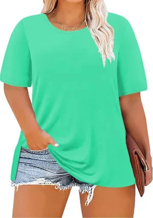 Women's Plus Size Crewneck Tops Half Sleeve Summer T-Shirt Loose Fit Blouse Casual Tunic with Side Split XL- 5XL