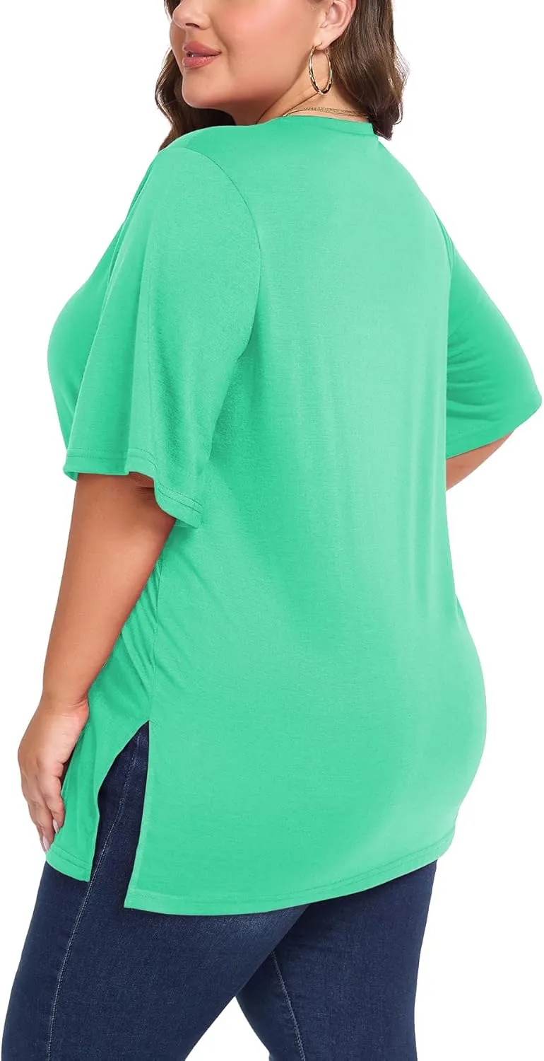 Women's Plus Size Crewneck Tops Half Sleeve Summer T-Shirt Loose Fit Blouse Casual Tunic with Side Split XL- 5XL
