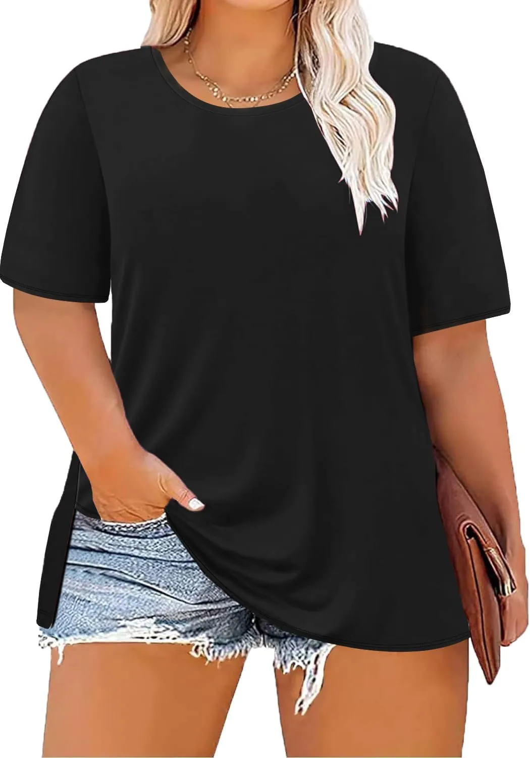 Women's Plus Size Crewneck Tops Half Sleeve Summer T-Shirt Loose Fit Blouse Casual Tunic with Side Split XL- 5XL