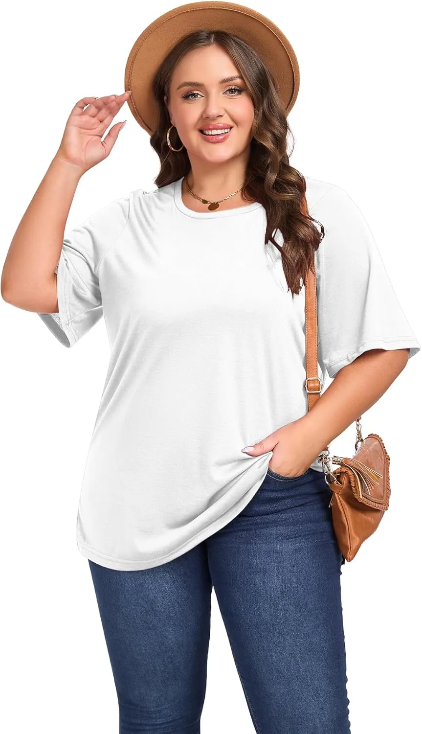 Women's Plus Size Crewneck Tops Half Sleeve Summer T-Shirt Loose Fit Blouse Casual Tunic with Side Split XL- 5XL