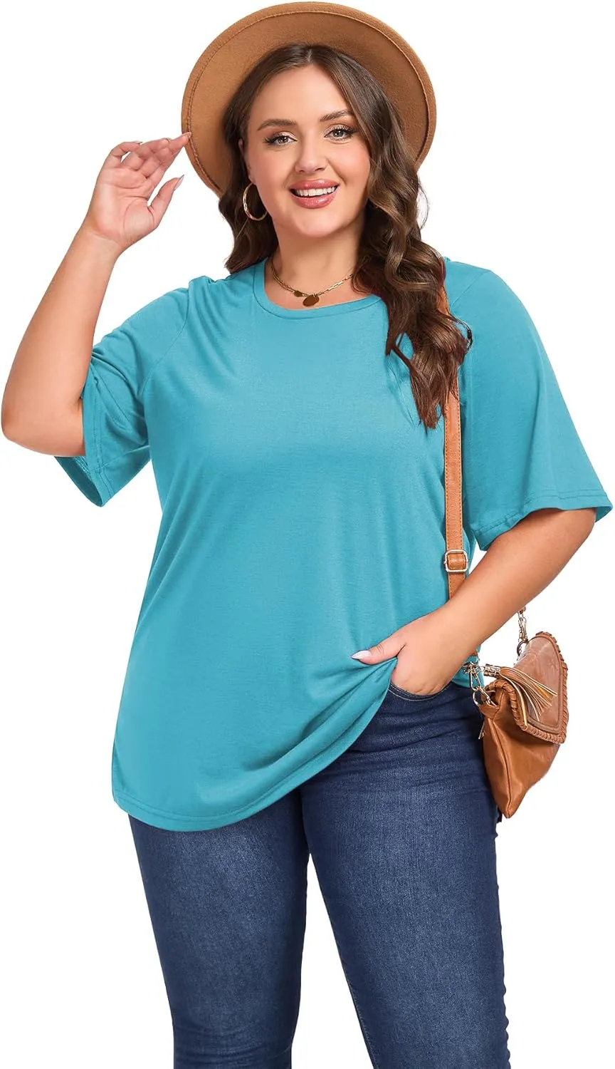 Women's Plus Size Crewneck Tops Half Sleeve Summer T-Shirt Loose Fit Blouse Casual Tunic with Side Split XL- 5XL