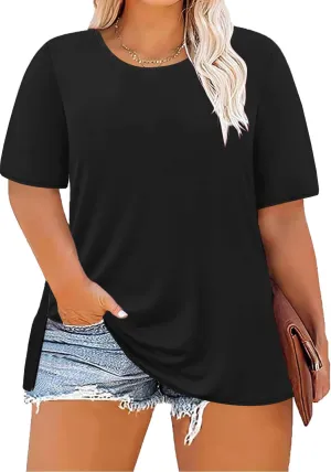 Women's Plus Size Crewneck Tops Half Sleeve Summer T-Shirt Loose Fit Blouse Casual Tunic with Side Split XL- 5XL